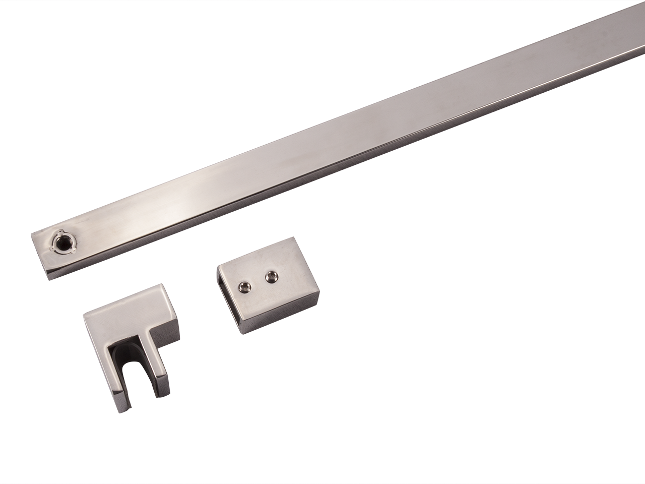 Støttestang m. klemmebeslag, børstet stål